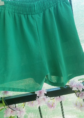 Kadın Yeşil Keten Mini Şort - Görsel 5