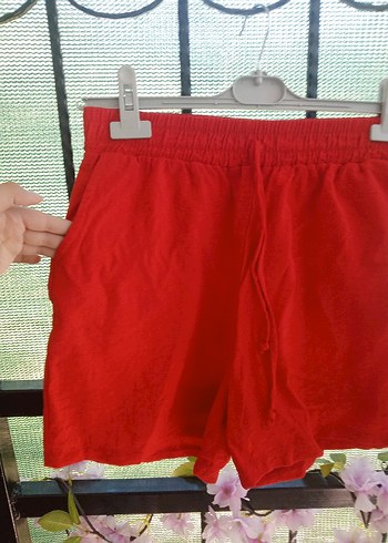 Kırmızı Keten Mini Şort - Görsel 2