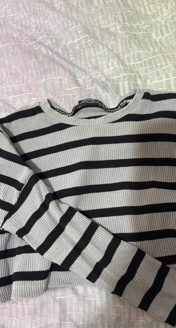Gri Çizgili Uzun Kollu Triko Kazak - Görsel 3