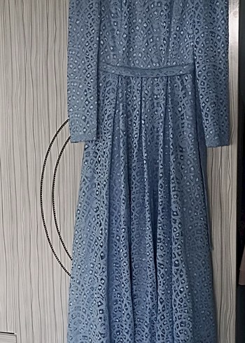Mavi Dantel Uzun Kollu Kadın Abiye Elbise - Görsel 2