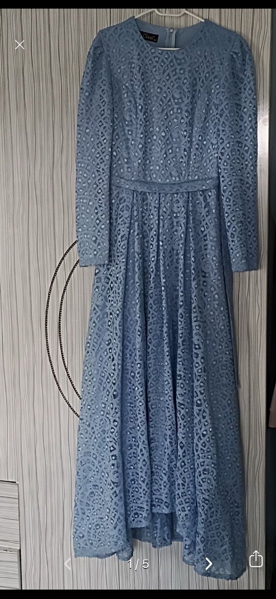 Mavi Dantel Uzun Kollu Kadın Abiye Elbise - Görsel 2