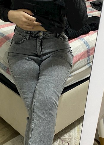 Gri Sade Düğmeli Kadın Jean Pantolon - Görsel 3