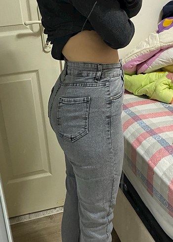 Gri Sade Düğmeli Kadın Jean Pantolon - Görsel 2