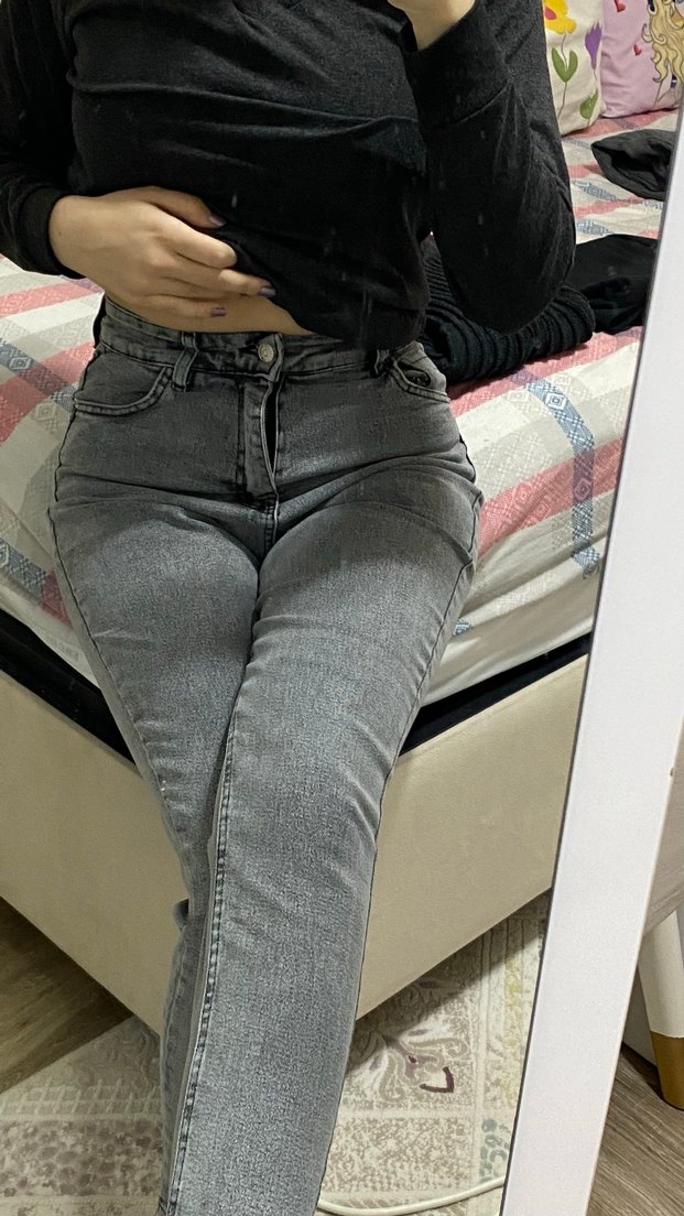 Gri Sade Düğmeli Kadın Jean Pantolon - Görsel 3