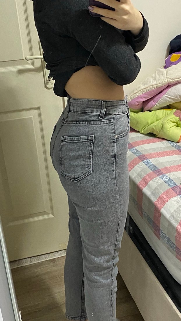 Gri Sade Düğmeli Kadın Jean Pantolon - Görsel 2