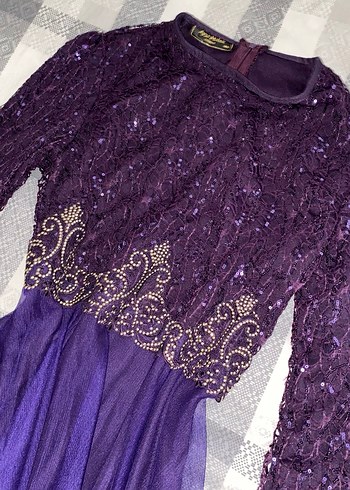 Uzun Kollu Mor Dantel İşlemeli düğün Elbisesi - Görsel 2