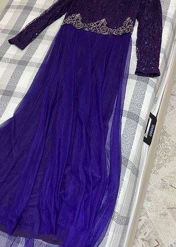 Uzun Kollu Mor Dantel İşlemeli düğün Elbisesi - Görsel 5