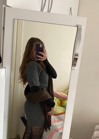 Gri Yüksek Yakalı Triko Mini Elbise - Görsel 2