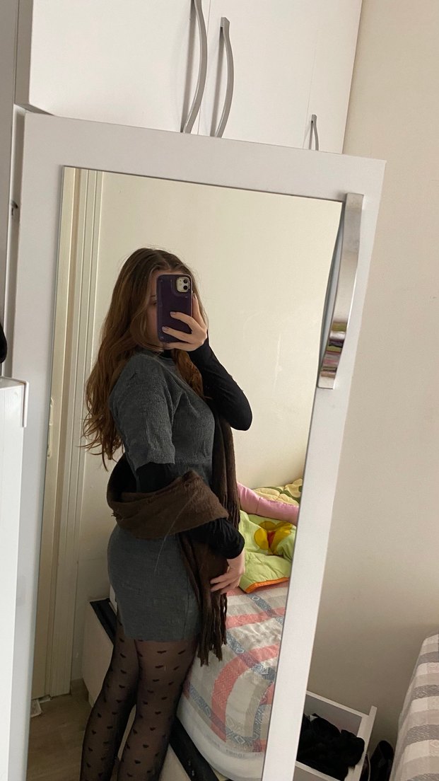 Gri Yüksek Yakalı Triko Mini Elbise - Görsel 2