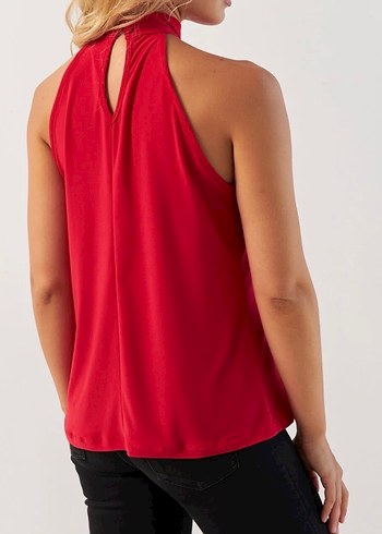 Kırmızı Drapeli Yüksek Yakalı Kadın Bluz - Görsel 2