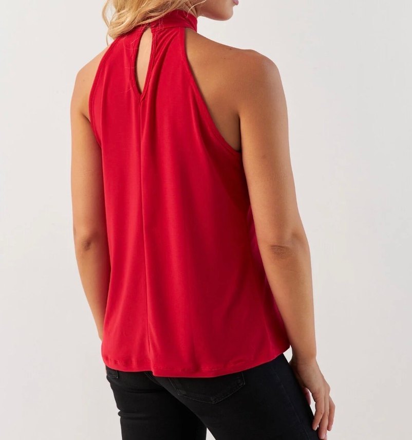 Kırmızı Drapeli Yüksek Yakalı Kadın Bluz - Görsel 2