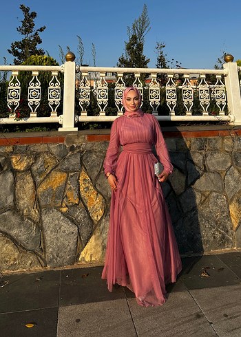 Pembe Uzun Bohem Drapeli Kadın Abiye Elbise