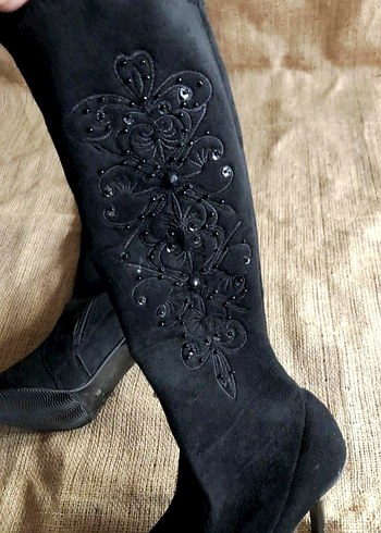 American Vintage Siyah Nakışlı Süet Dizüstü Stiletto Çizme