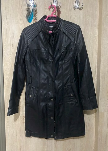 Düğmeli Siyah Deri Biker Ceket