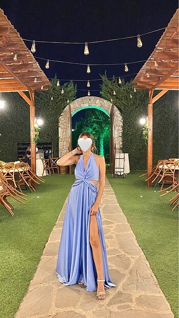 Bebek mavisi boyundan bağlamalı abiye
