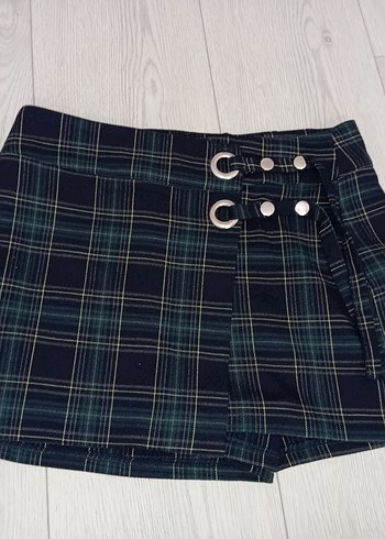 Düğmeli Kareli Mini şortlu Etek
