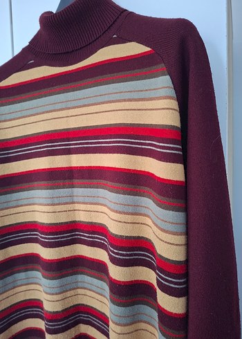 Bohem Tarz Çizgili Boğazlı Bordo Kazak - Görsel 2