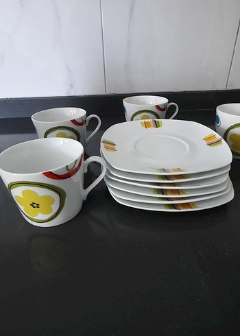 Paşabahçe Renkli Desenli Kahve Fincanı ve Tabak Seti