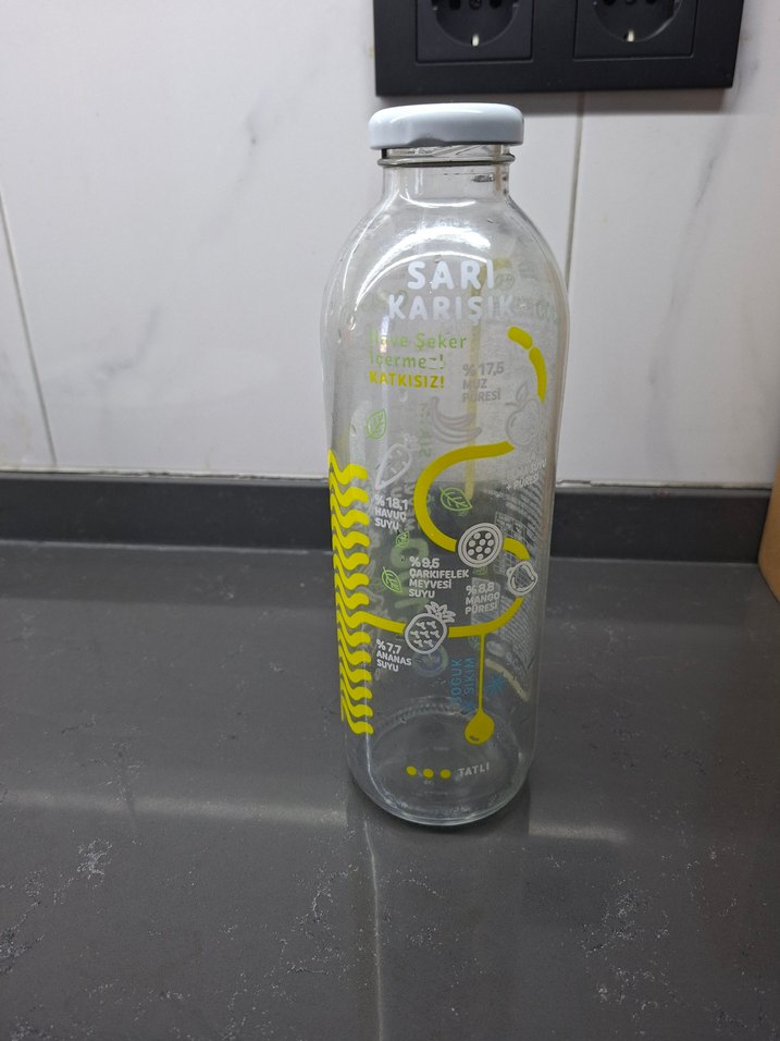 Gri Kapaklı Sarı Detaylı Cam şişe BOŞ - Görsel 2