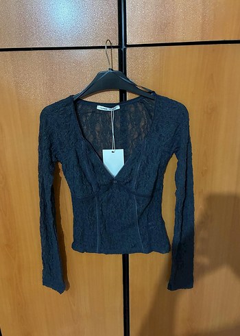 Dantel Detaylı V Yaka Uzun Kollu Bluz Xs s m l