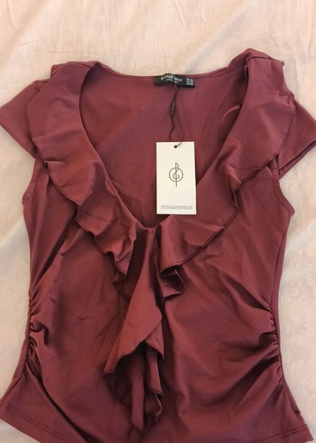 Bordo V Yaka Fırfırlı Kadın Bluz xs s m l