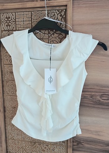 Fırfırlı, V Yakalı Beyaz Bluz xs s m l