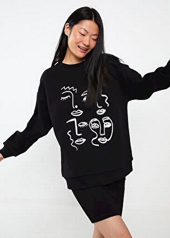 s Beden siyah Renk Siyah Baskılı Kadın Sweatshirt
