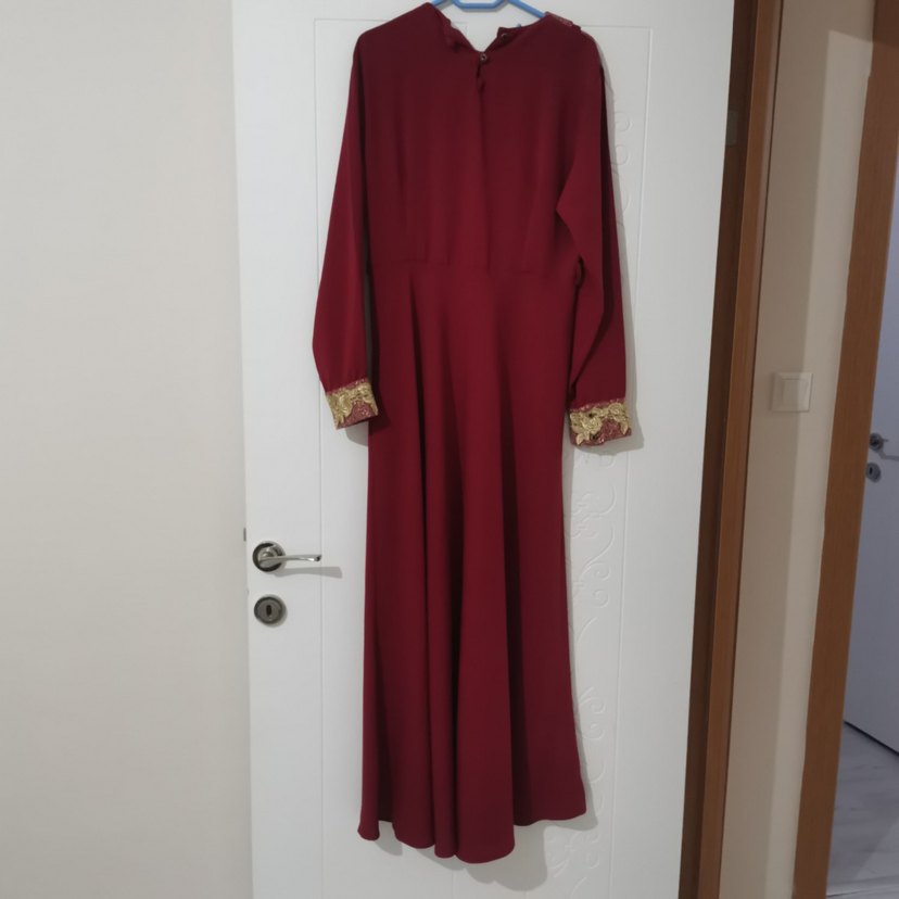 Bordo Nakışlı Uzun Kollu Kadın Elbise - Görsel 2