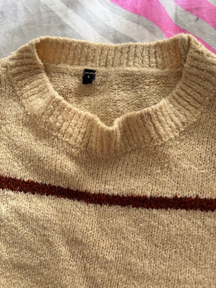 Bej Çizgili Rahat Triko Kadın Kazak - Görsel 2