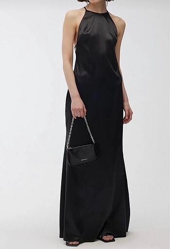 Halter yaka manuka elbise saten elbise maxi