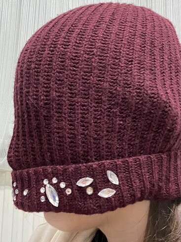 Beden bordo Renk Taşlı bere