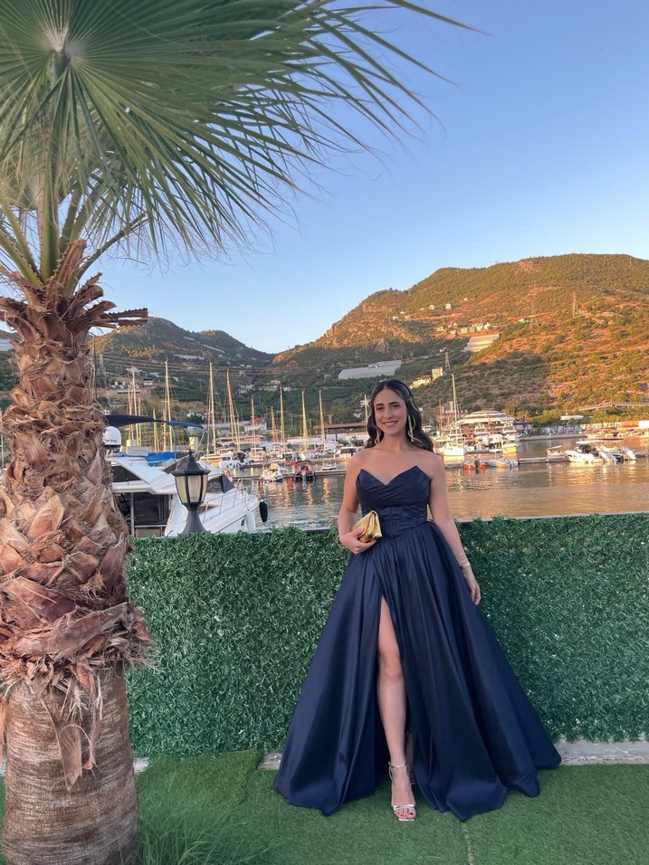 Uzun Lacivert Straplez Drapeli Abiye Elbise - Görsel 2