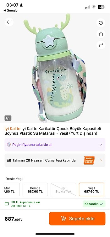 Beden turkuaz Renk Bpa içermeyen pipetli askılı suluk matara