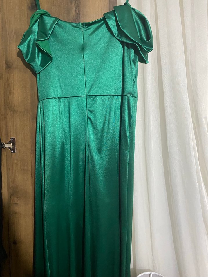 Parlak Yeşil Drapeli Uzun Abiye Elbise - Görsel 2