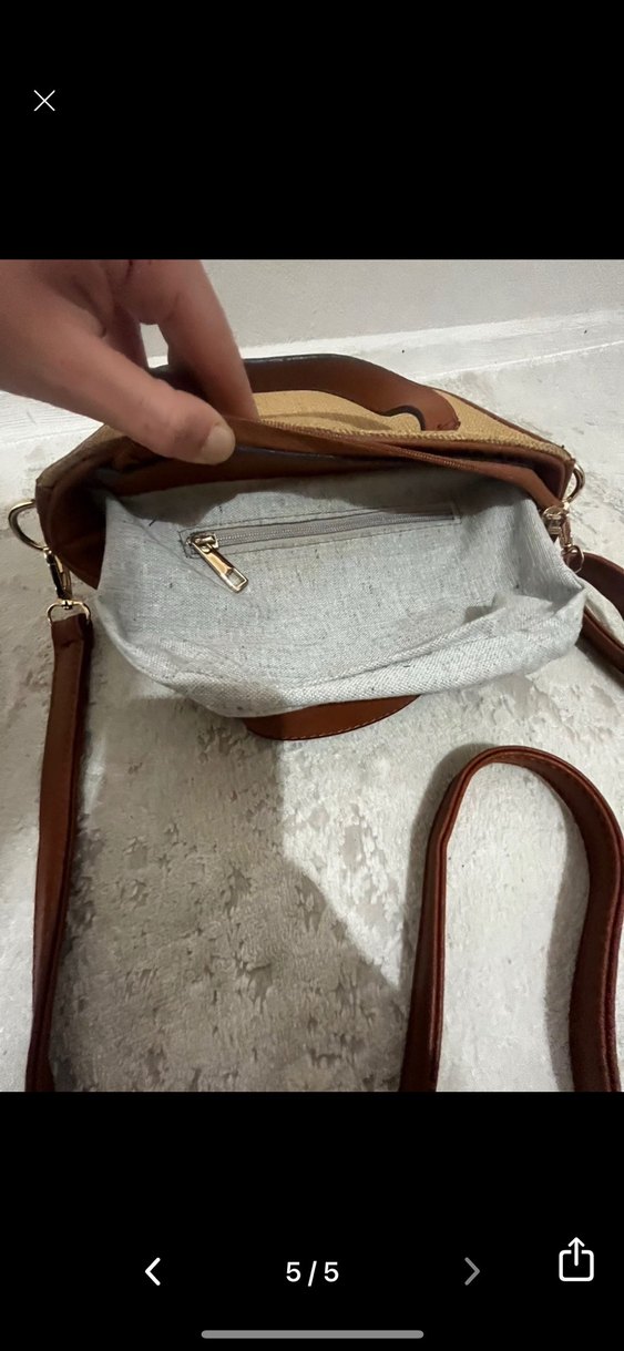 Bej Keten Deri Kemer Detaylı  Kadın Çanta - Görsel 5