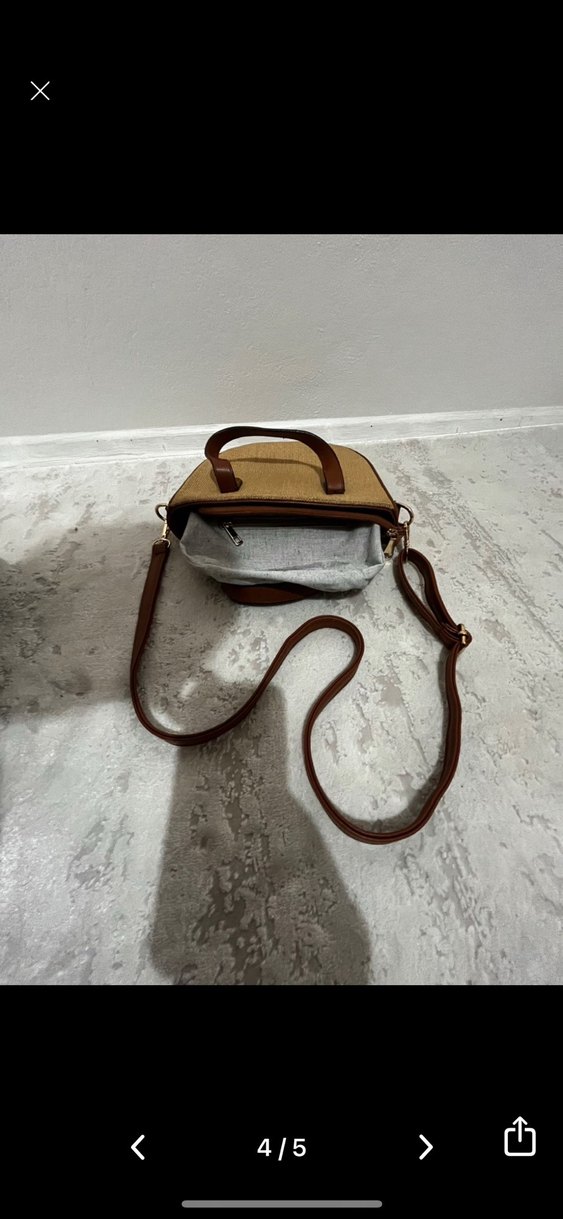 Bej Keten Deri Kemer Detaylı  Kadın Çanta - Görsel 4