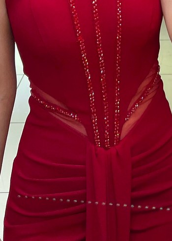 Bordo Parlak V Yakalı Uzun Abiye Elbise - Görsel 3