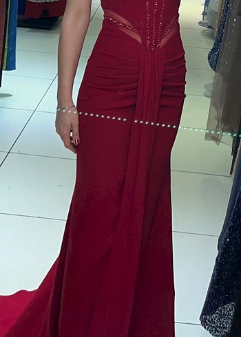 Bordo Parlak V Yakalı Uzun Abiye Elbise - Görsel 2