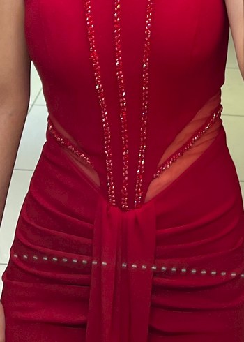 Bordo Parlak V Yakalı Uzun Abiye Elbise - Görsel 4