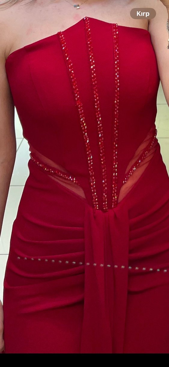 Bordo Parlak V Yakalı Uzun Abiye Elbise - Görsel 3