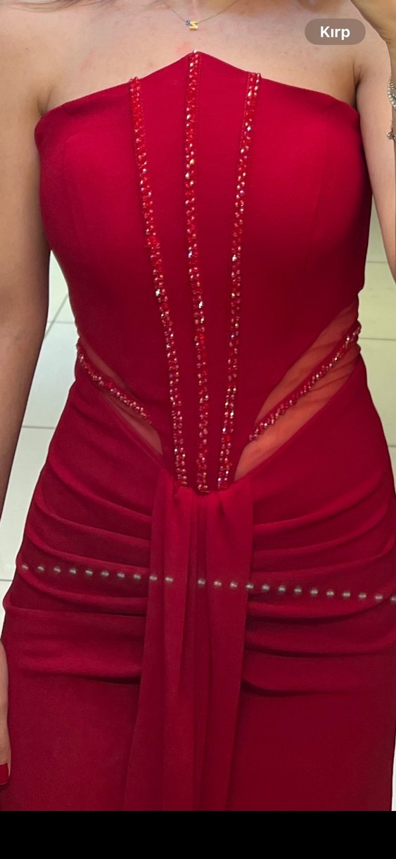 Bordo Parlak V Yakalı Uzun Abiye Elbise - Görsel 4