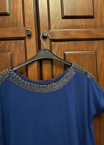 Boncuk İşlemeli Lacivert Midi Elbise - Görsel 4