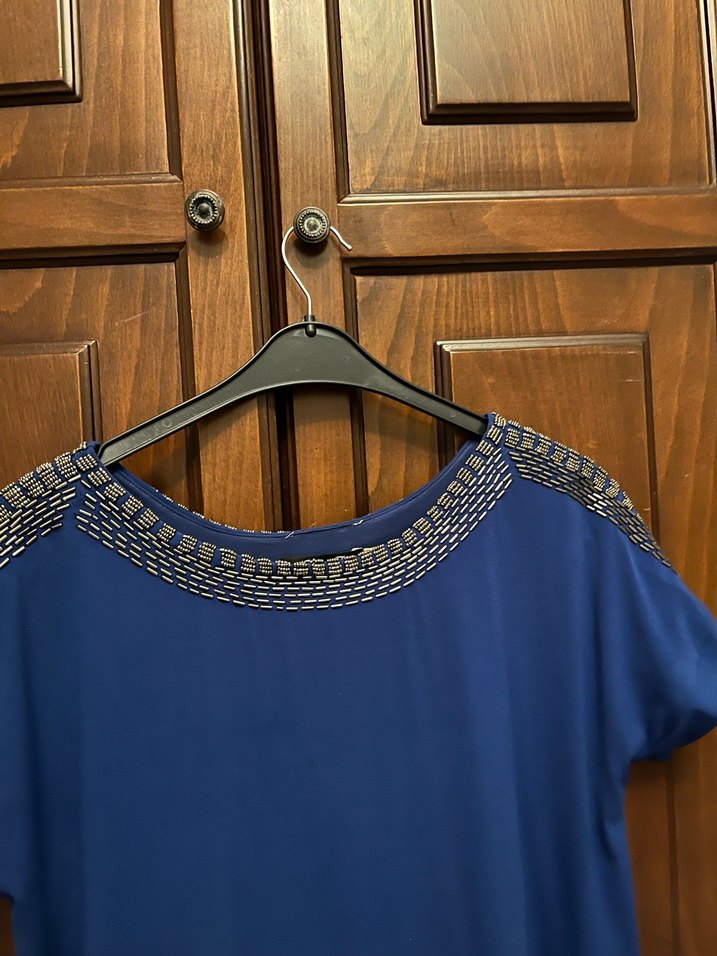 Boncuk İşlemeli Lacivert Midi Elbise - Görsel 4