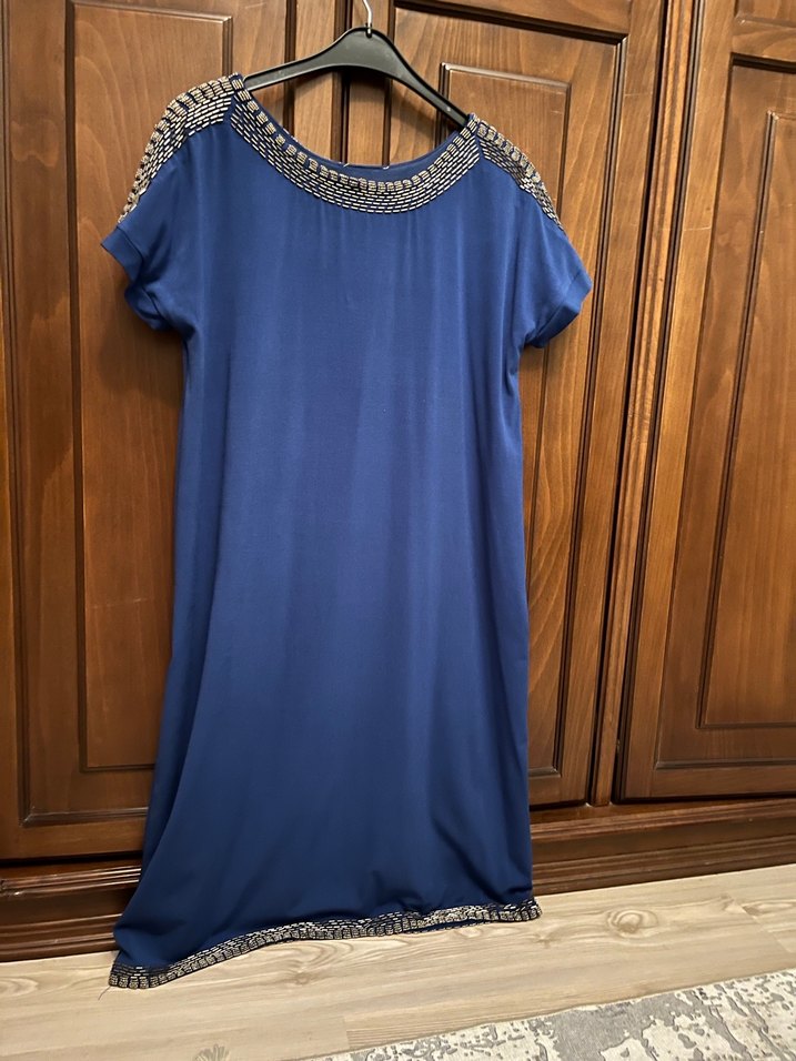 Boncuk İşlemeli Lacivert Midi Elbise - Görsel 2