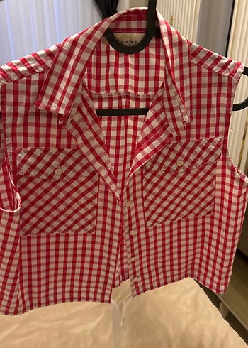 Düğmeli Kırmızı Kareli Kolsuz Gömlek - Görsel 4