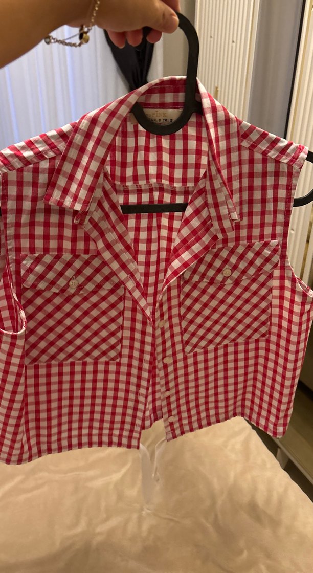 Düğmeli Kırmızı Kareli Kolsuz Gömlek - Görsel 4