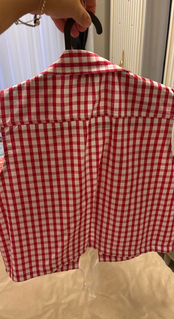 Düğmeli Kırmızı Kareli Kolsuz Gömlek - Görsel 5