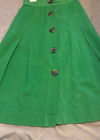 Düğmeli Yeşil Uzun Keten Etek - Görsel 3