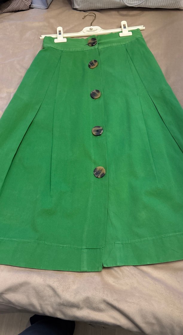 Düğmeli Yeşil Uzun Keten Etek - Görsel 3