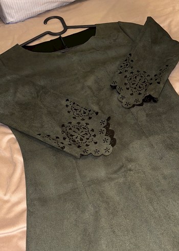 Haki Uzun Kollu Süet Kadın Ofis Elbisesi - Görsel 6